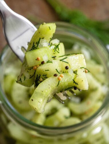 Schüttelgurken mit Zwiebeln, Dill und Senfkörnern auf einer Gabel über einem Glas