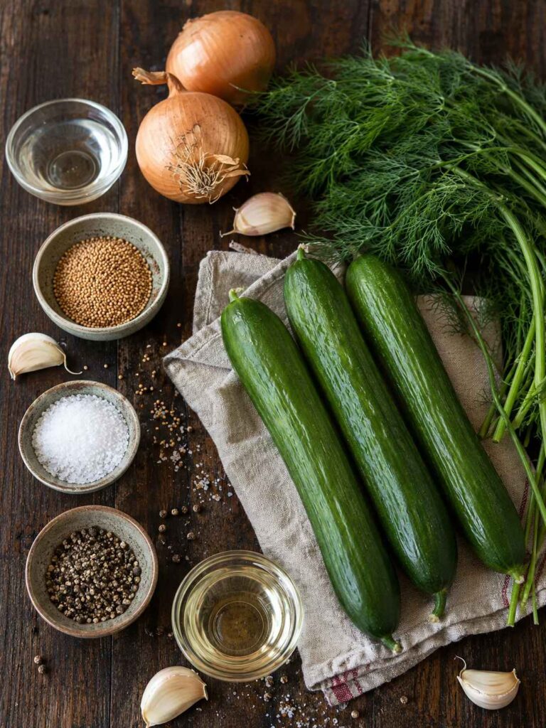 Zutaten für Schüttelgurken mit Zwiebeln mit Gurken, Dill, Senfkörnern, Essig, Öl und Knoblauch