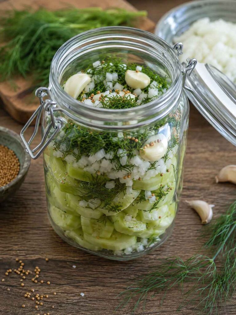 Schüttelgurken mit Zwiebeln, Dill, Knoblauch und Senfkörnern im Glas vor dem Schütteln