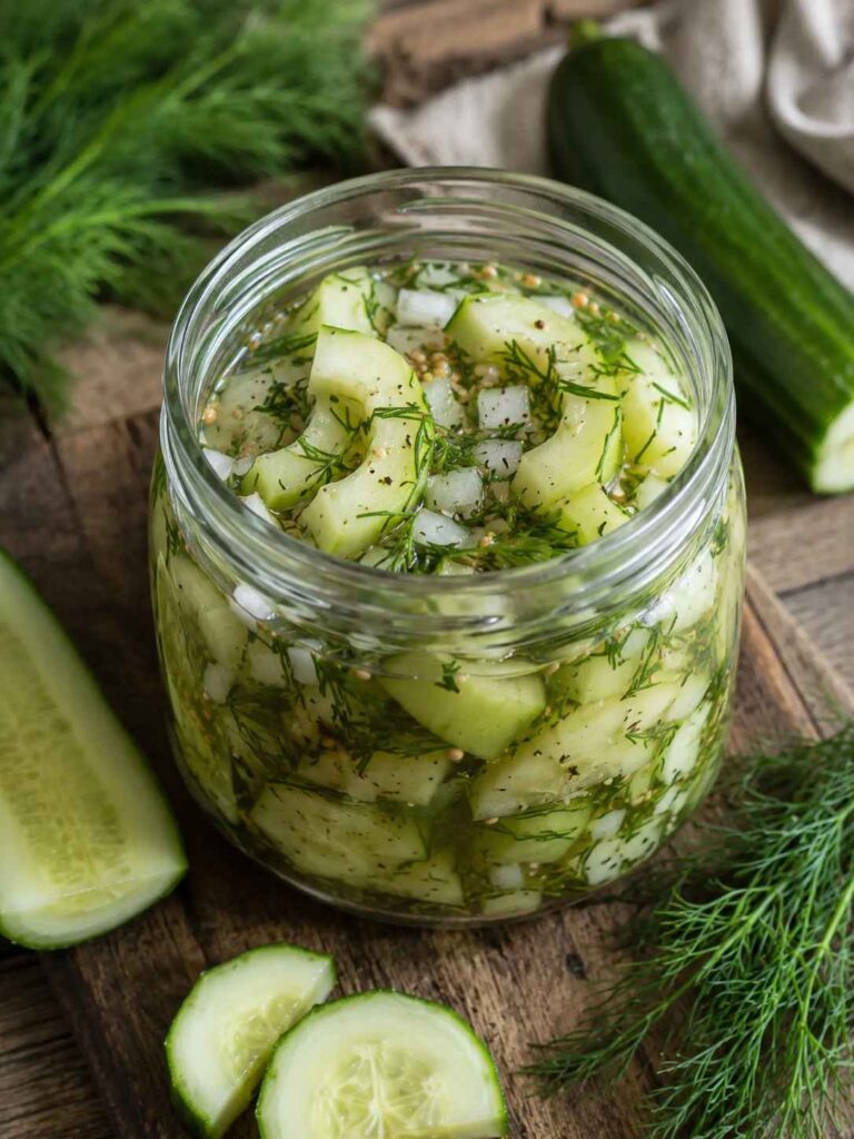 Schüttelgurken mit Zwiebeln, Dill und Senfkörnern im Glas nach Omas DDR-Rezept