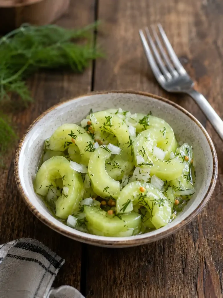 Schüttelgurken mit Zwiebeln, Dill und Senfkörnern in einer Schale nach Omas DDR-Rezept