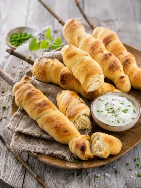 Goldbraunes Stockbrot ohne Hefe mit Kräuterquark – einfaches Stockbrot-Rezept mit Backpulver