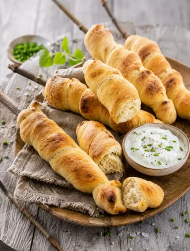 Goldbraunes Stockbrot ohne Hefe mit Kräuterquark – einfaches Stockbrot-Rezept mit Backpulver