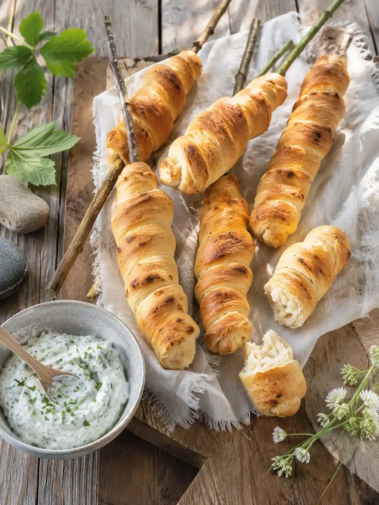 Goldbraunes Stockbrot ohne Hefe auf Holzstöcken mit Kräuterquark – einfaches Stockbrot-Rezept