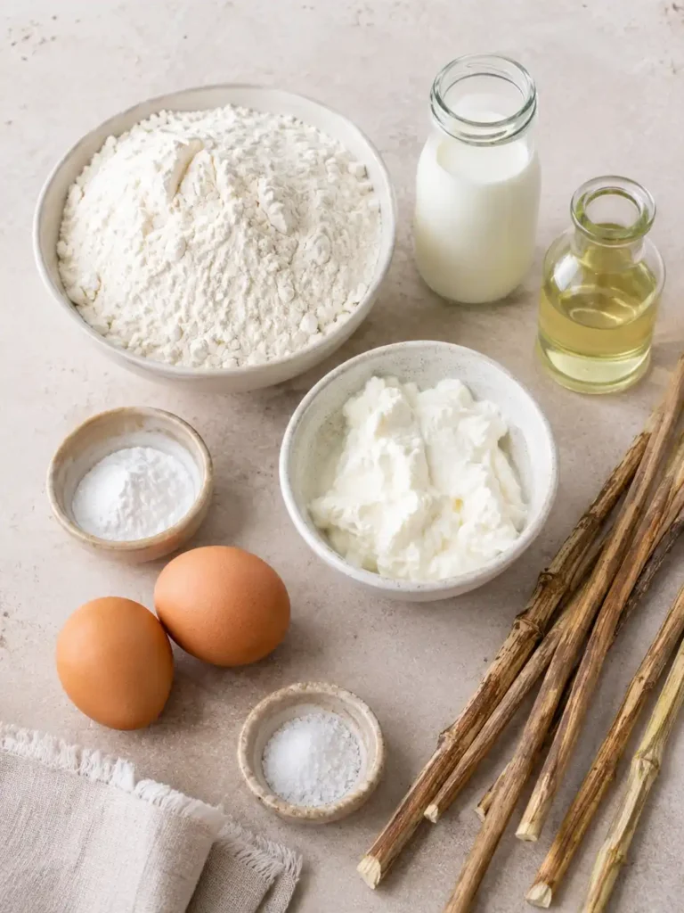 Zutaten für Stockbrot ohne Hefe mit Mehl, Quark, Eiern, Milch, Öl, Backpulver und Holzstöcken