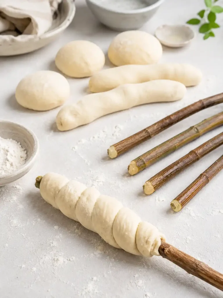 Stockbrotteig ohne Hefe mit Backpulver portionieren, zu Rollen formen und um Holzstöcke wickeln
