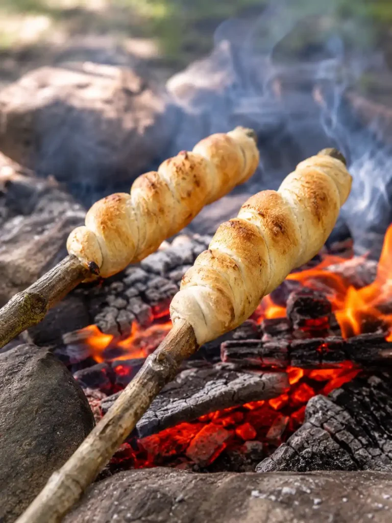 Stockbrot ohne Hefe über der Lagerfeuer-Glut goldbraun backen – einfaches Stockbrot-Rezept