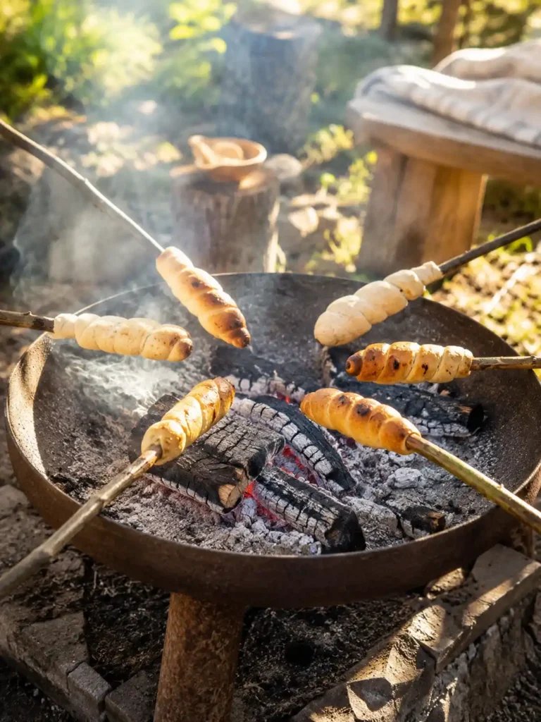 Mehrere Stockbrote ohne Hefe mit Backpulver über der Glut einer Feuerschale backen