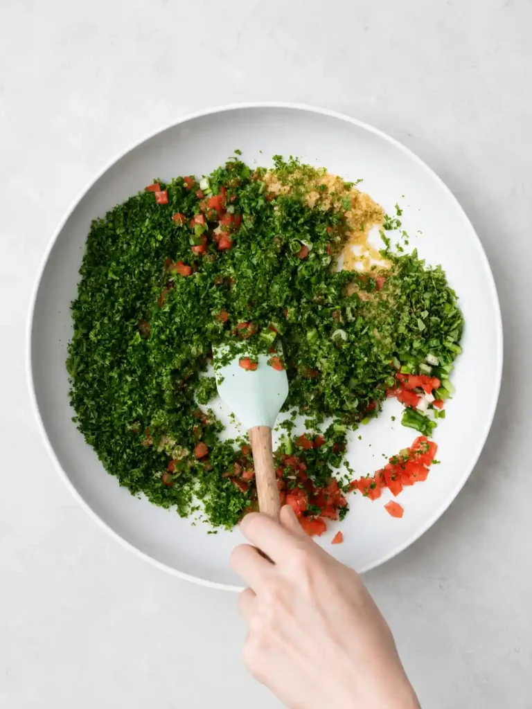 Tabouleh-Salat mit Petersilie, Tomaten, Minze und Bulgur wird in einer weißen Schüssel vermischt