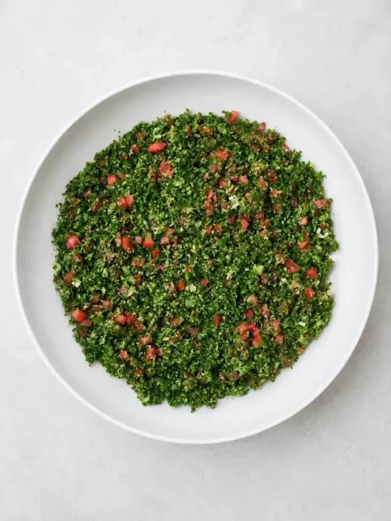 Fertiger Tabouleh-Salat mit Petersilie, Tomaten, Minze und feinem Bulgur in einer weißen Schüssel
