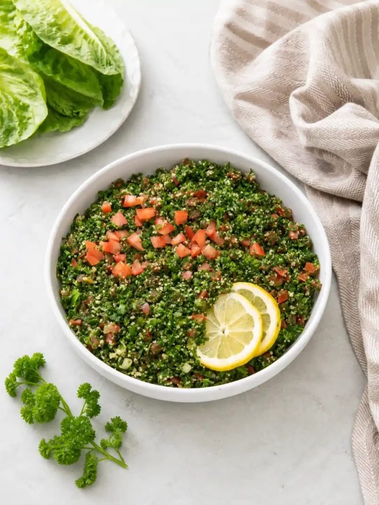Original libanesischer Tabouleh-Salat mit Petersilie, Tomaten, Bulgur, Minze und Zitronenscheiben