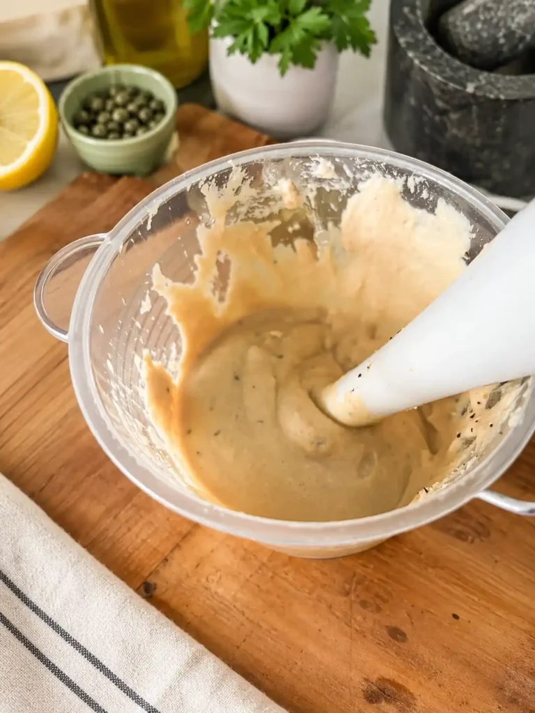 Cremige Vitello-Tonnato-Sauce aus Thunfisch, Sardellen, Eiern, Zitrone und Olivenöl wird mit dem Stabmixer püriert