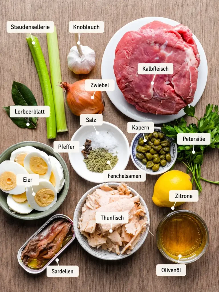 Zutaten für Vitello Tonnato mit Kalbfleisch, Thunfisch, Sardellen, Eiern, Kapern und Olivenöl