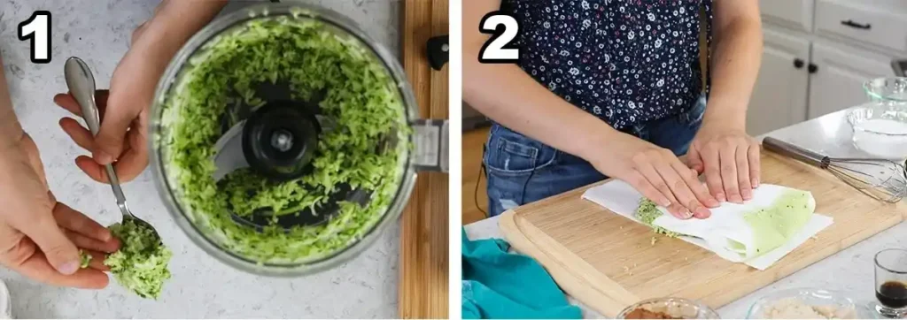 Zucchini fein raspeln und für saftigen Zucchinikuchen mit Schokolade leicht mit Küchenpapier trocken tupfen