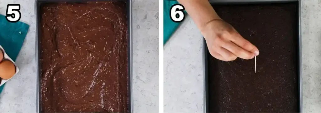 Schokoladenteig für Zucchinikuchen auf dem Blech verteilen und den gebackenen Kuchen mit der Stäbchenprobe prüfen