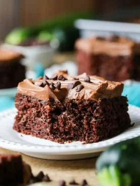 Nahaufnahme eines saftigen Zucchinikuchens mit Schokolade vom Blech, Schokoladen-Frischkäse-Frosting und Schokotropfen