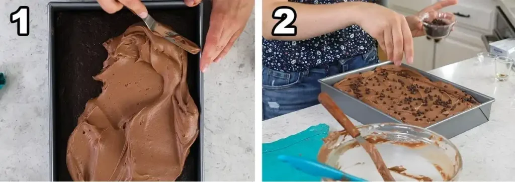 Schokoladen-Frosting auf saftigem Zucchinikuchen vom Blech verstreichen und mit Schokotropfen bestreuen