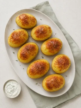 Acht goldbraune Ballon-Kartoffeln aus dem Backofen auf einer ovalen Keramikplatte mit Kräuterdip.