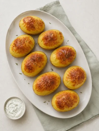 Acht goldbraune Ballon-Kartoffeln aus dem Backofen auf einer ovalen Keramikplatte mit Kräuterdip.