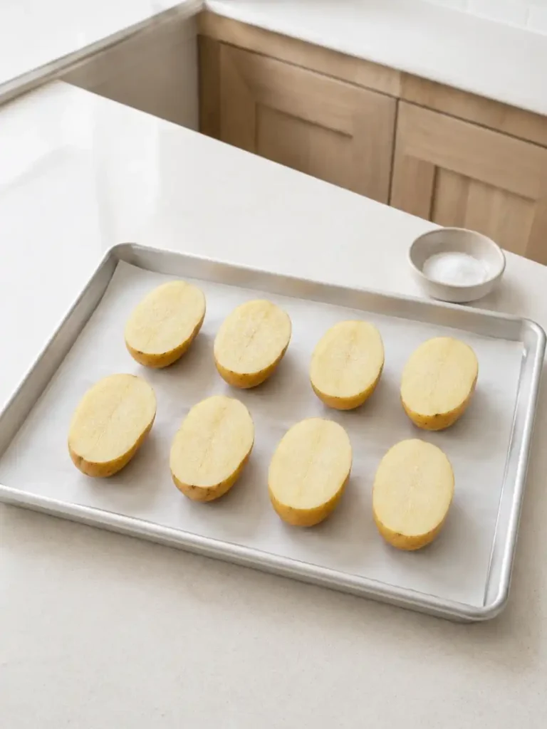 Acht gesalzene Kartoffelhälften mit den Schnittflächen nach oben auf einem Backblech für Ballon-Kartoffeln im Backofen.