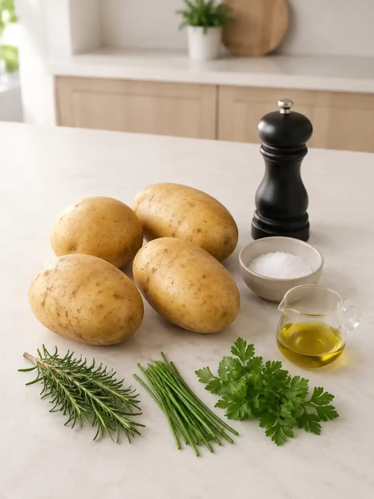 Zutaten für Ballon-Kartoffeln: vier Kartoffeln, Salz, Pfeffer, Olivenöl sowie Rosmarin, Schnittlauch und Petersilie.
