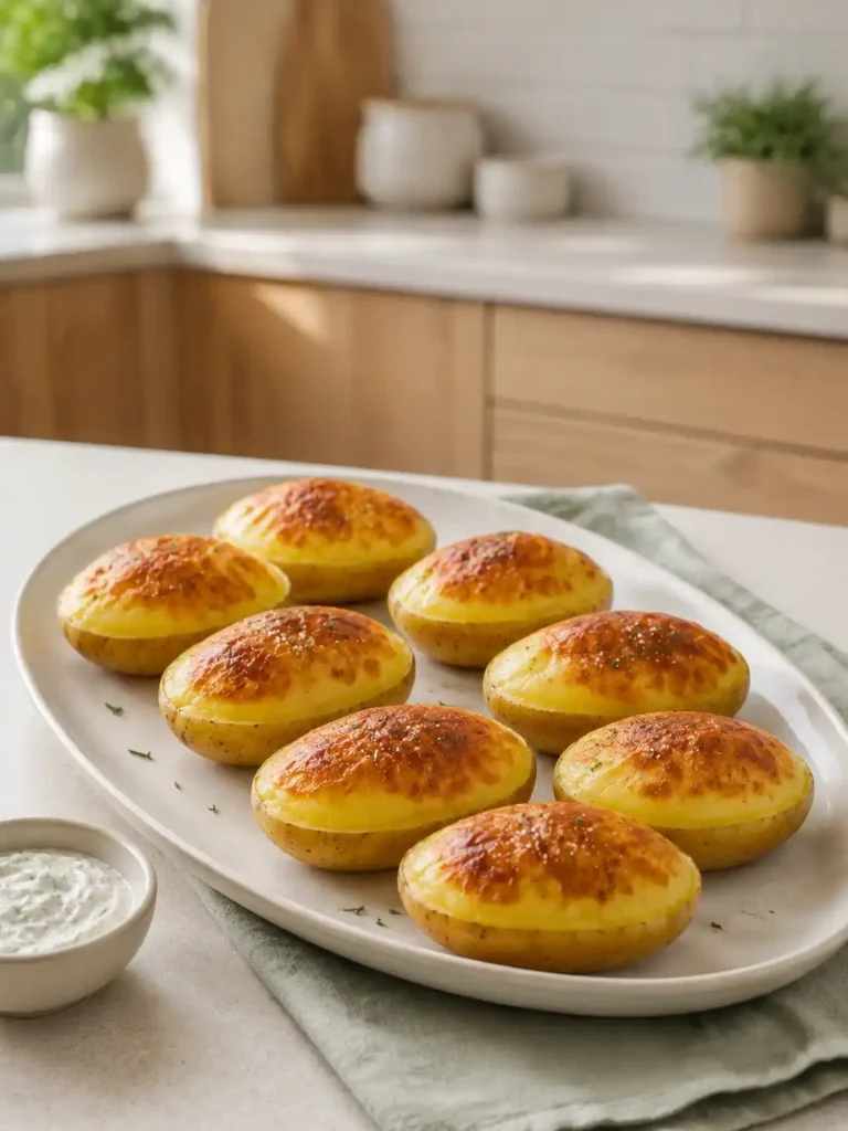 Acht goldbraun aufgeblähte Ballon-Kartoffeln aus dem Backofen auf einer ovalen Platte mit cremigem Kräuterdip.