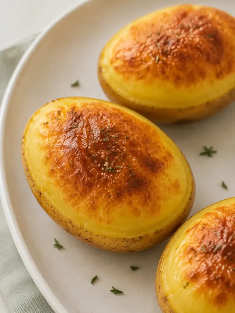 Nahaufnahme von drei goldbraunen Ballon-Kartoffeln aus dem Backofen mit knusprig aufgeblähter Oberfläche und Kräutern.