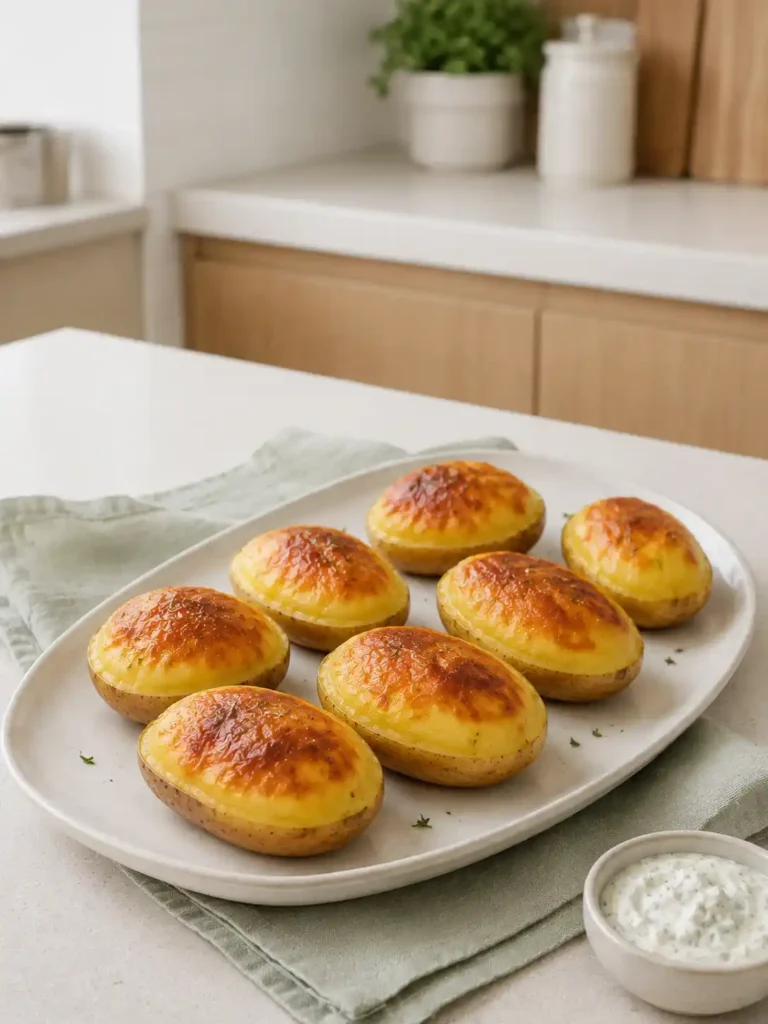 Sieben goldbraune Ballon-Kartoffeln aus dem Backofen auf einer ovalen Keramikplatte mit cremigem Kräuterdip.