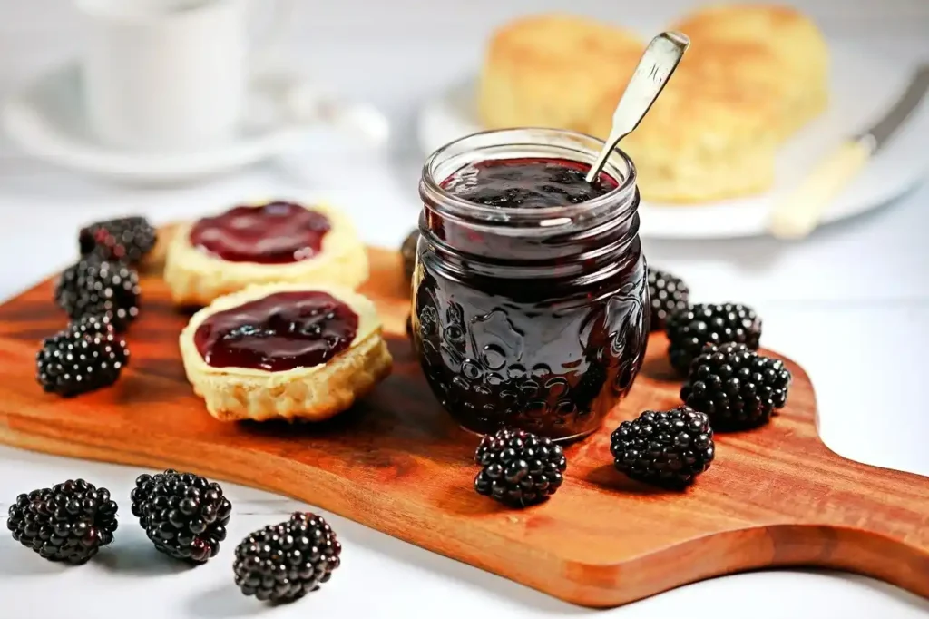 Glas mit selbst gemachter Brombeermarmelade ohne Kerne, frischen Brombeeren und bestrichenen Scones auf einem Holzbrett.