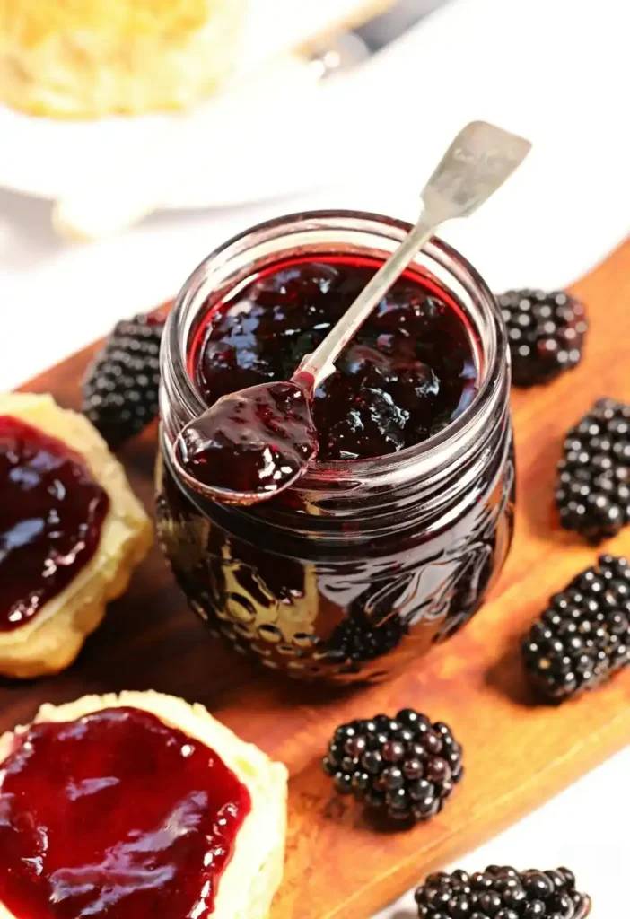 Nahaufnahme von Brombeermarmelade ohne Kerne im Glas mit Löffel, frischen Brombeeren und bestrichenen Scones.