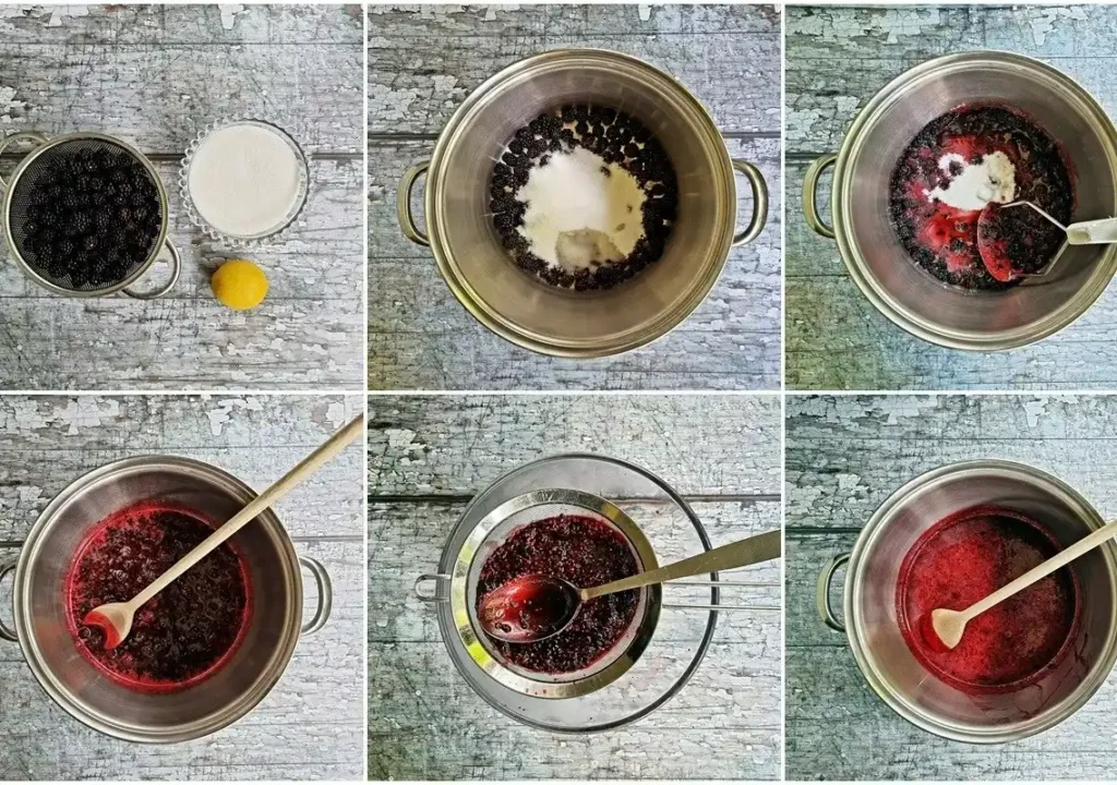 Schritt-für-Schritt-Zubereitung von Brombeermarmelade ohne Kerne mit Brombeeren, Zucker und Zitronensaft.