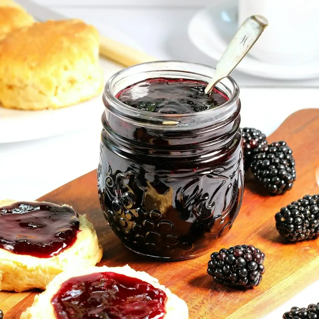 Offenes Glas mit selbst gemachter Brombeermarmelade ohne Kerne, frischen Brombeeren und bestrichenen Scones.