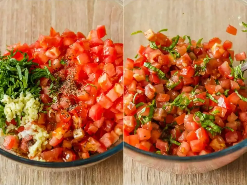 Tomatenbelag für Bruschetta vor und nach dem Vermengen mit Basilikum, Knoblauch, Olivenöl und Gewürzen
