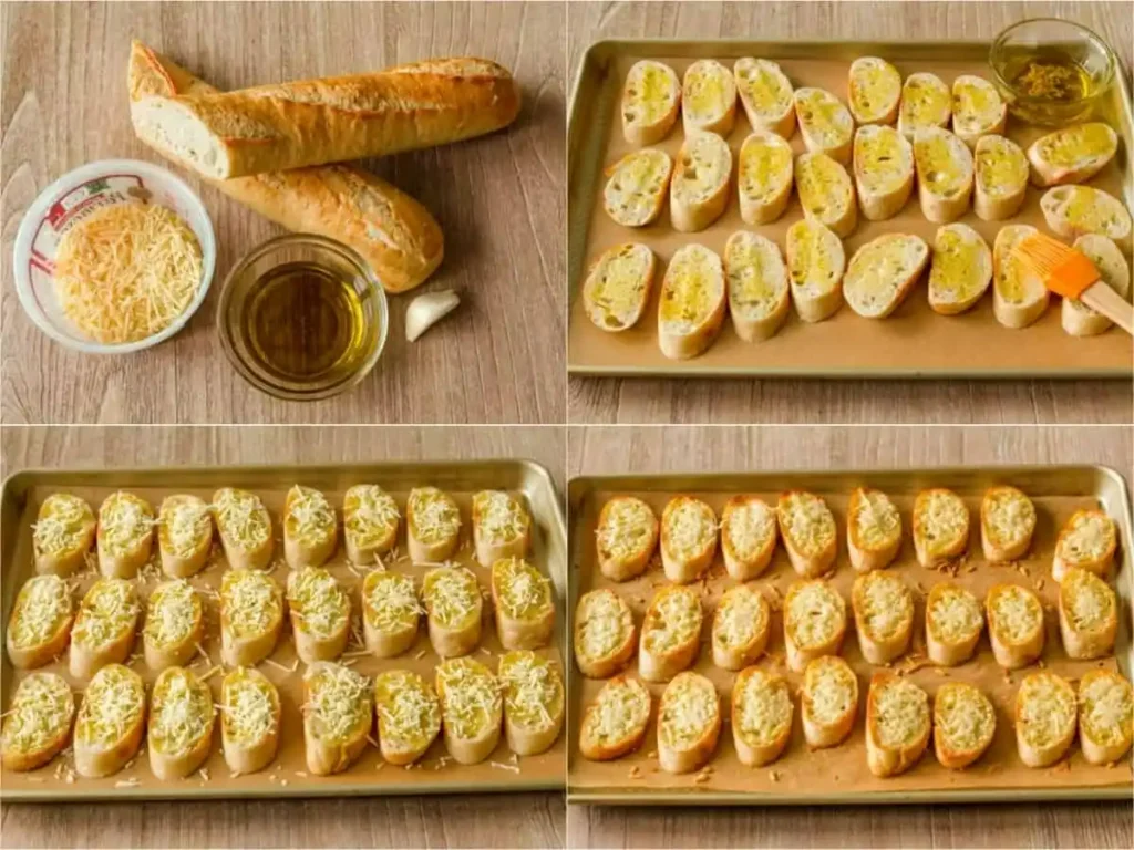 Bruschetta-Brot zubereiten: Baguettescheiben mit Knoblauchöl bestreichen, mit Parmesan bestreuen und goldbraun rösten