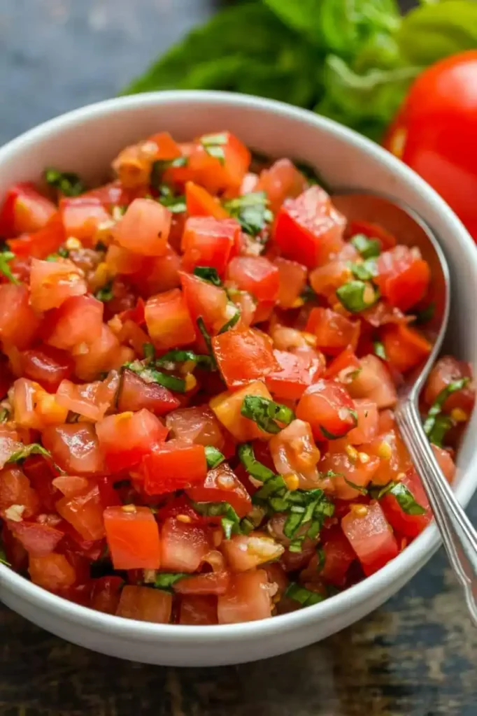 Tomatenbelag für Bruschetta aus gewürfelten Tomaten, frischem Basilikum, Knoblauch und Olivenöl in einer weißen Schüssel
