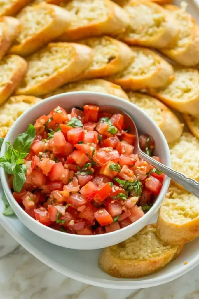 Tomatenbelag für Bruschetta mit Basilikum und Knoblauch, umgeben von knusprig gerösteten Baguettescheiben