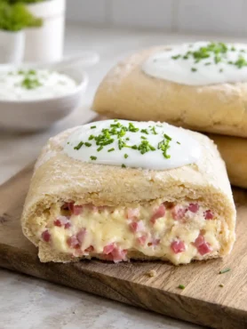 Aufgeschnittenes Handbrot mit Käse und Schinken, geschmolzenem Gouda, Schmand und Schnittlauch auf einem Holzbrett.
