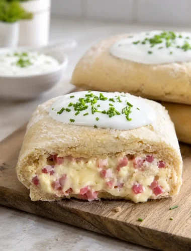 Aufgeschnittenes Handbrot mit Käse und Schinken, geschmolzenem Gouda, Schmand und Schnittlauch auf einem Holzbrett.