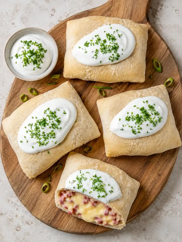 Vier selbst gemachte Handbrote mit Schmand und Schnittlauch, eines davon geöffnet mit Käse-Schinken-Füllung.