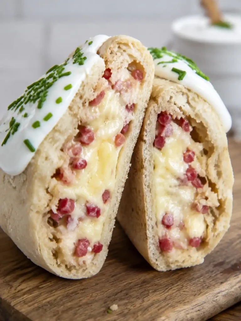 Aufgeschnittenes Handbrot mit Käse und Schinken, geschmolzenem Gouda, Schmand und frischem Schnittlauch.