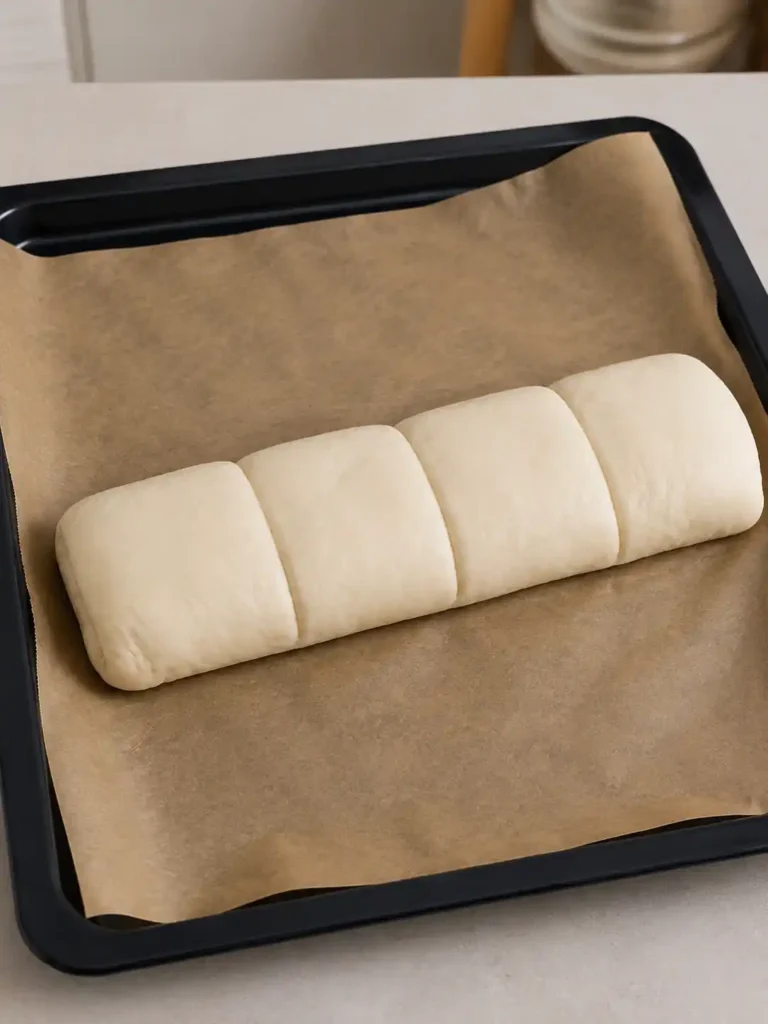 Gefaltete Handbrotrolle mit drei Vertiefungen für vier Portionen auf einem mit Backpapier belegten Backblech.
