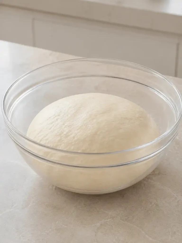 Aufgegangener Handbrot-Teig aus Hefeteig in einer Glasschüssel auf einer hellen Küchenarbeitsplatte