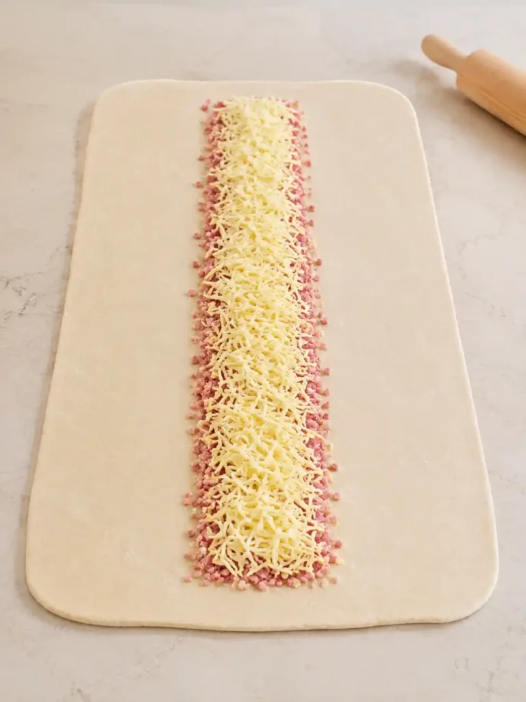 Ausgerollter Handbrot-Teig mit Schinkenwürfeln und geriebenem Gouda als herzhafte Füllung.