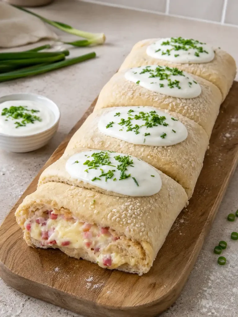 Gebackenes Handbrot mit Käse und Schinken in vier Portionen, belegt mit Schmand und frischem Schnittlauch.