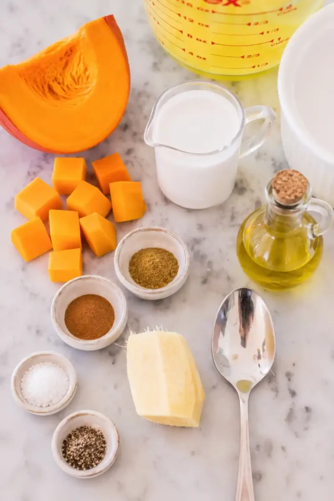 Zutaten für Hokkaido-Kürbissuppe mit Kokosmilch: Kürbis, Ingwer, Gemüsebrühe, Olivenöl, Kreuzkümmel, Zimt, Salz und Pfeffer.