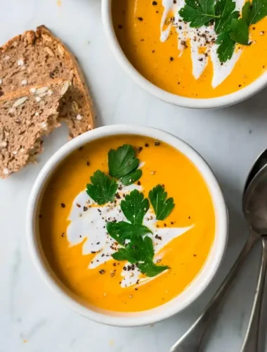 Cremige Hokkaido-Kürbissuppe mit Kokosmilch, frischer Petersilie und Vollkornbrot in zwei weißen Schalen.