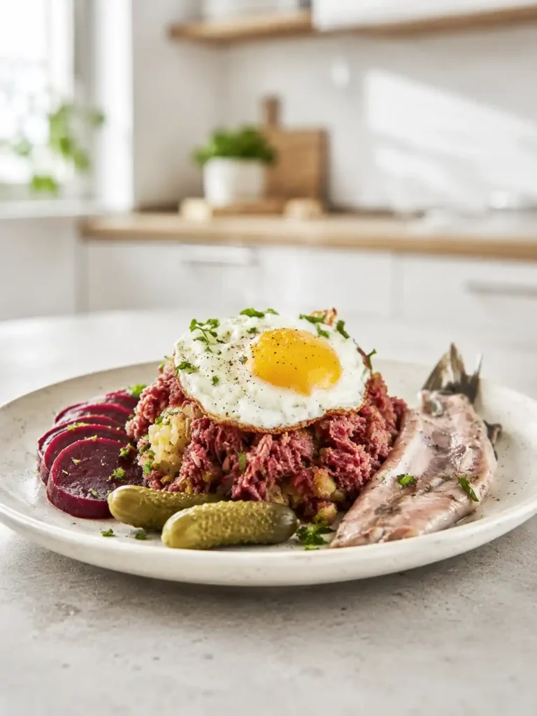 Seitliche Aufnahme von Hamburger Labskaus mit Spiegelei, Matjes, Roter Bete und Gewürzgurken in einer hellen Küche.