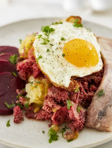 Nahaufnahme von original Hamburger Labskaus mit Spiegelei, Roter Bete, Matjes und frischer Petersilie.