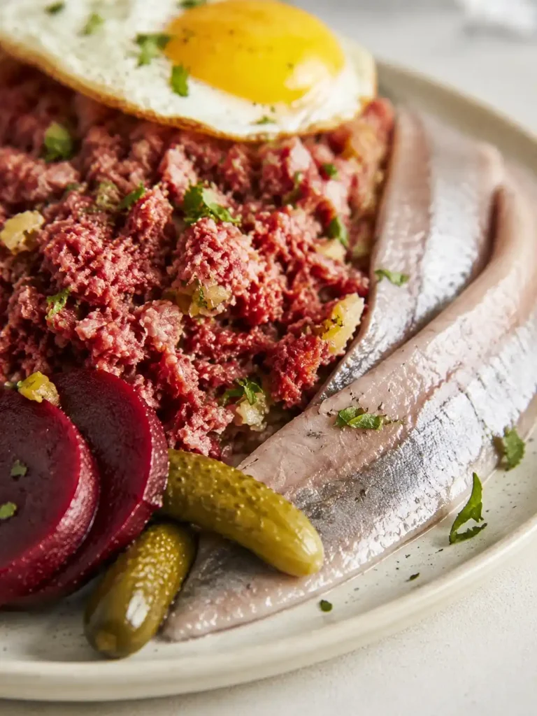 Detailaufnahme von Hamburger Labskaus mit Matjes, Gewürzgurken, Roter Bete und Spiegelei.