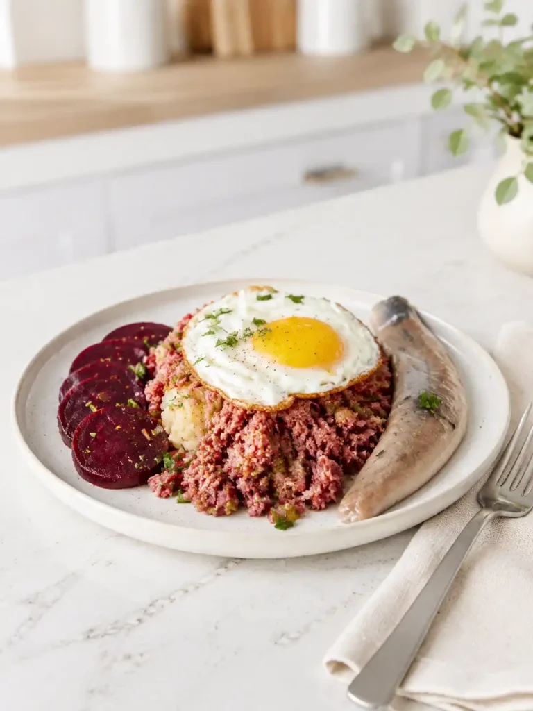 Hamburger Labskaus mit Corned Beef, Kartoffeln, Spiegelei, Roter Bete und Matjes auf einem hellen Keramikteller.